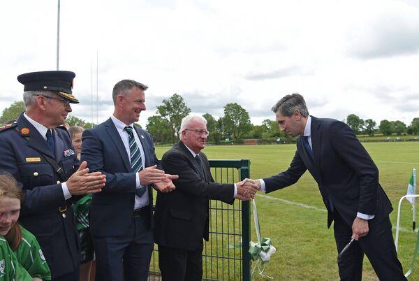 Taoiseach Simon Harris greeting Marty Horkan, the father of Detective Garda Colm Horkan, at the dedication on Sunday of the new facilities at Charlestown Sarsfields GAA Club in Co Mayo in honour of the murdered garda. See link below. Picture: Conor McKeown