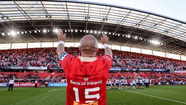Munster’s Simon Zebo celebrates after the Ulster game. Pic: Dan Sheridan, Inpho