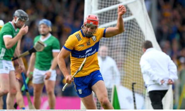 Clare's Peter Duggan celebrates scoring a goal, on the stroke of half time, during the Munster GAA Hurling Senior Championship final match between Clare and Limerick at FBD Semple Stadium in Thurles, Tipperary. Photo by Ray McManus/Sportsfile