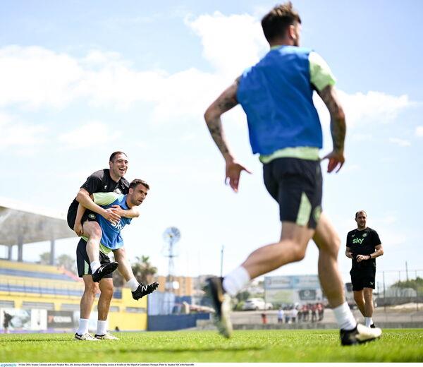 Seamus Coleman and coach Stephen Rice, left, during a Republic of Ireland training session at Estádio de S?o Miguel in Gondomar, Portugal. Photo by Stephen McCarthy/Sportsfile