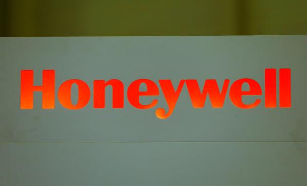A logo of Ho<em></em>neywell is pictured on their booth during EBACE in Geneva