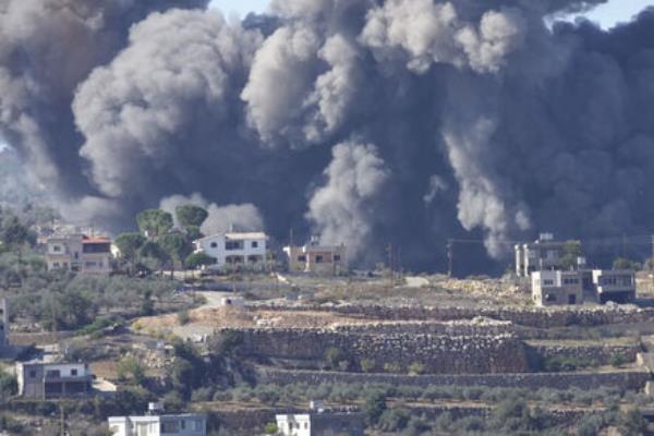 Black smoke rises from an Israeli airstrike on the outskirts of Aita al-Shaab, a Lebanese border village with Israel in south Lebanon. Picture: AP Photo/Hussein Malla