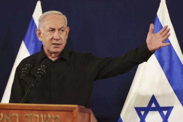 Israeli Prime Minister Benjamin Netanyahu speaks during a press conference with Defense Minister Yoav Galant and Cabinet Minister Benny Gantz in the Kirya military base in Tel Aviv, Israel, Saturday, Oct. 28, 2023. Picture: Abir Sultan/Pool Photo via AP Israeli Prime Minister Benjamin Netanyahu speaks during a press conference with Defense Minister Yoav Galant and Cabinet Minister Benny Gantz in the Kirya military base in Tel Aviv, Israel, Saturday, Oct. 28, 2023. Picture: Abir Sultan/Pool Photo via AP
