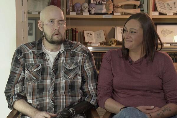 Aaron James speaks during an interview, accompanied by his wife, Meagan, in New York on Oct. 23, 2023. Picture: AP Photo/Joseph. B. Frederick