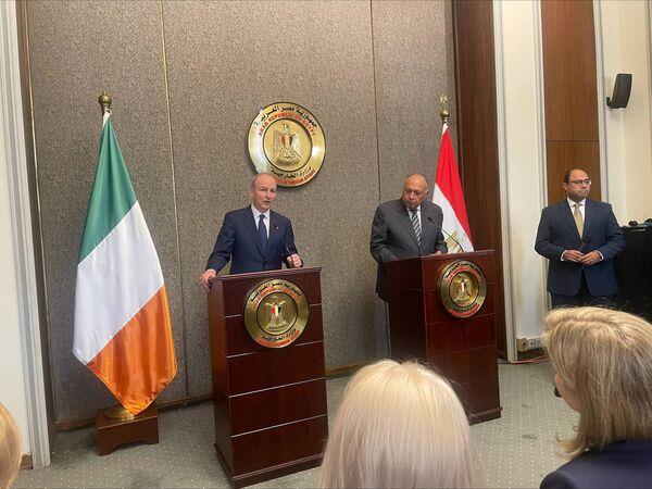 Tánaiste Micheál Martin and Egyptian Foreign Minister Sameh Shoukry briefing the media after their meeting in Cairo to discuss the situation in Gaza and Israel. Picture: Elaine Loughlin