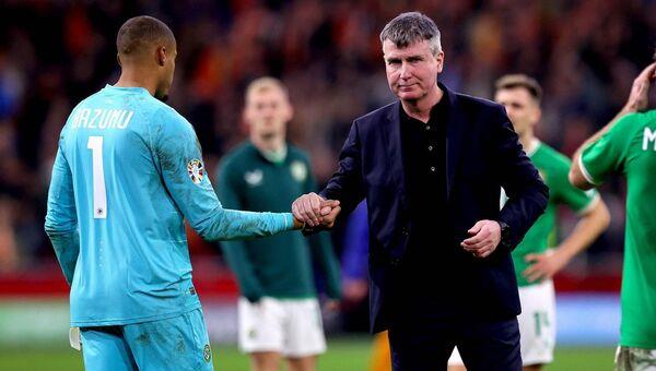 SULLEN: Ireland manager Stephen Kenny with Gavin Bazunu after the game.