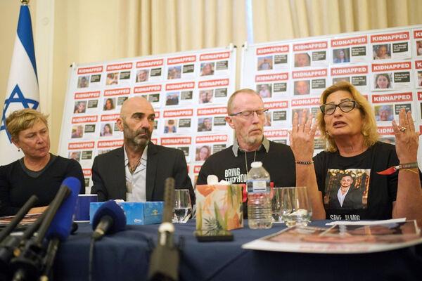 Family members of Israeli hostages who are currently being held in Gaza, Thomas Hand (second right), the father of nine-year-old Irish-Israeli child Emily Hand, Iris Haim (left), the mother of Yotam Haim and Orit Meir (right) the mother of Almog Meir, 21, during a press conference at the Israel Embassy in London. Picture: Victoria Jones/PA Wire Family members of Israeli hostages who are currently being held in Gaza, Thomas Hand (second right), the father of nine-year-old Irish-Israeli child Emily Hand, Iris Haim (left), the mother of Yotam Haim and Orit Meir (right) the mother of Almog Meir, 21, during a press conference at the Israel Embassy in London. Picture: Victoria Jones/PA Wire
