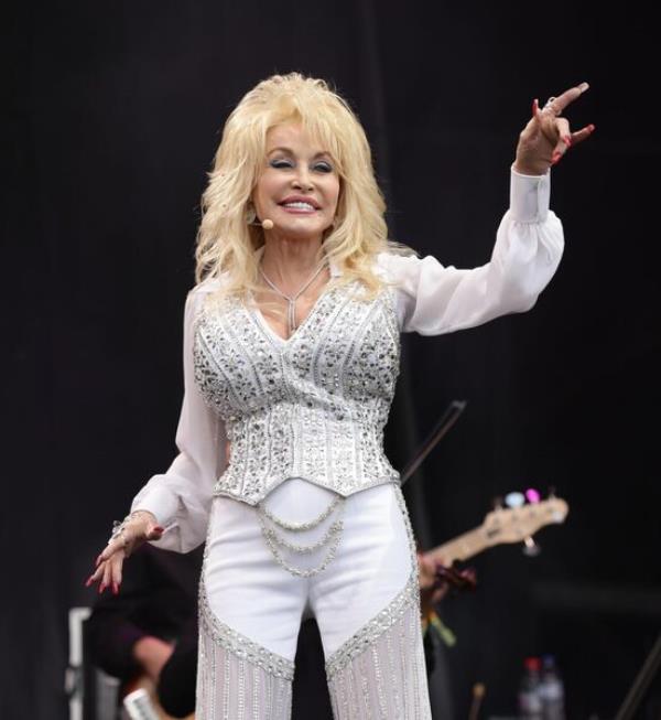 Dolly Parton on the Pyramid Stage at the Glastonbury Festival, at Worthy Farm in Somerset.