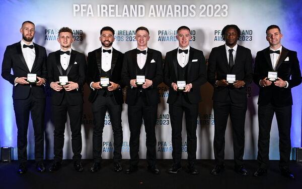 PFA Ireland Men’s Premier Division Team of the Year 2023 award recipients, from left, Conor Kearns of Shelbourne, Sam Curtis of St Patrick's Athletic, Roberto Lopes of Shamrock Rovers, Chris Forrester of St Patrick's Athletic, Jack Moylan of Shelbourne, Jonathan Afolabi of Bohemians and Ruairí Keating of Cork City during the PFA Ireland Awards 2023 at Anantara The Marker Dublin Hotel in Dublin. Photo by Stephen McCarthy/Sportsfile PFA Ireland Men’s Premier Division Team of the Year 2023 award recipients, from left, Conor Kearns of Shelbourne, Sam Curtis of St Patrick's Athletic, Roberto Lopes of Shamrock Rovers, Chris Forrester of St Patrick's Athletic, Jack Moylan of Shelbourne, Jonathan Afolabi of Bohemians and Ruairí Keating of Cork City during the PFA Ireland Awards 2023 at Anantara The Marker Dublin Hotel in Dublin. Photo by Stephen McCarthy/Sportsfile