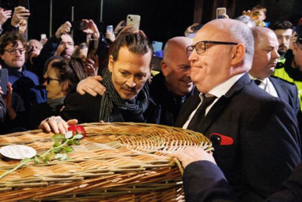  Johnny Depp says farewell to his friend Shane MacGowan at St Mary's Church, Nenagh. Picture: Eamon Ward