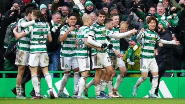PARTISAN CAULDRON: Celtic's Kyogo Furuhashi (right) celebrates with his team-mates after scoring in Saturday's Glasgow derby wher<em></em>e no away supporters were allowed to attend. Pic: Jane Barlow/PA Wire.