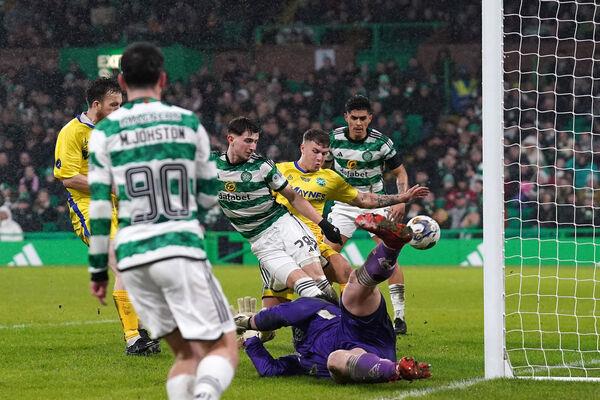 Celtic's Rocco Vata scores their side's fifth goal. Photo credit: Andrew Milligan/PA Wire.