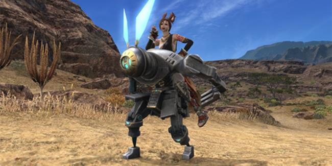 A Warrior of Light riding on the Traveling Supporter Mount in Final Fantasy 14